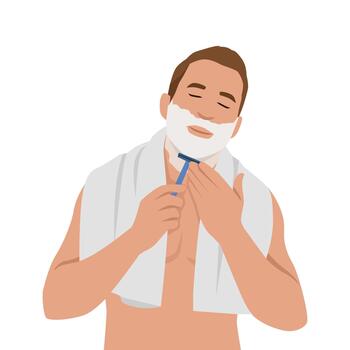 Man Shaving Beard with Razor and Shaving Foam. vector