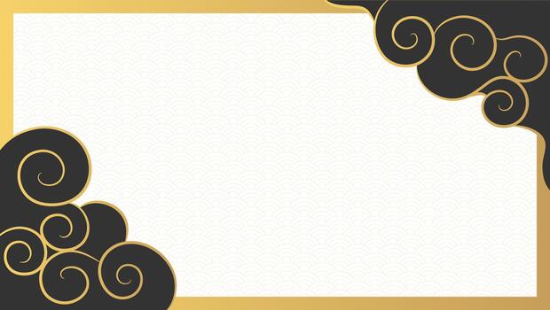 Celestial golden frame with swirl clouds and wave pattern. Hand drawn doodle clouds vector