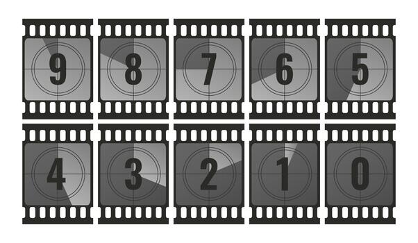 Collection of countdown film strip frames with numbers. From 9 to 0. Retro cinema movie timer counters vector