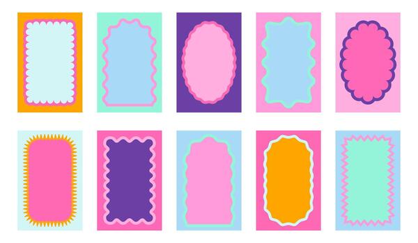 Set of cute frames with arch, rectangle and oval inner wavy edges. Colorful vignettes for pictures or photos with inside wiggly borders. Empty box, tag or label templates. flat illustration vector