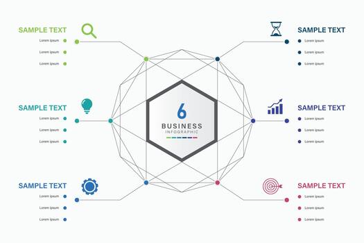 6 6 paso negocio estrategia infografía con íconos y color codificado segmentos vector