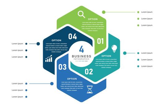 4 Option Business Infographic with Hexagonal Layout and Color Coded Icons vector