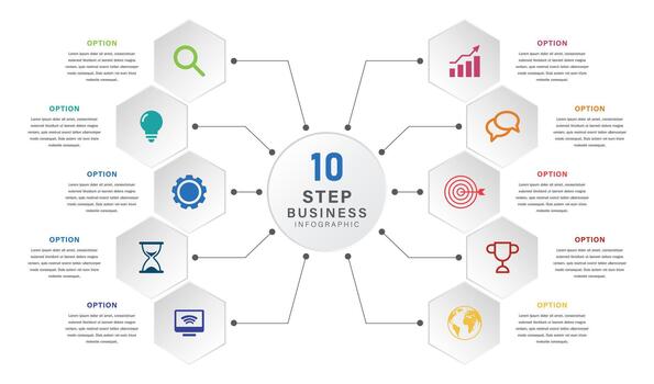 10 Step Circular Business Infographic with Icons and Placeholder Text vector