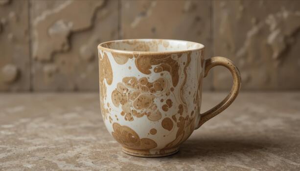 Unique Ceramic Mug With Earthy Patterns on a Neutral Stone Background photo