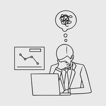 Thin line illustration of a worker feels stressed due to declining performance vector