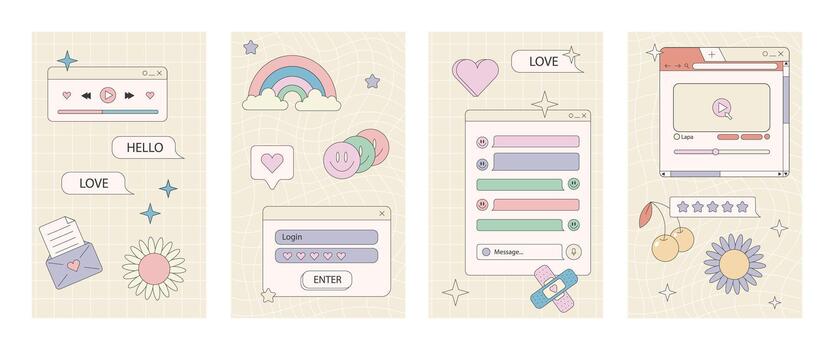 Stories or post template, retro browser computer window in 90s vaporwave with geek stickers. Y2k aesthetic background for social media, with pc message boxes, UI, UX elements. illustration vector