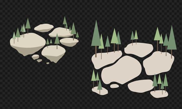 Stylized illustration featuring multiple isolated floating islands or geometric rock masses populated by simple evergreen pine trees, suspended in mid-air. vector