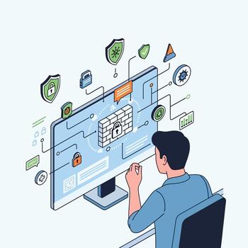 la seguridad cibernética experto asegurando red con cortafuegos vector