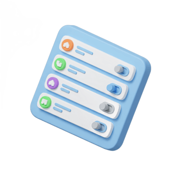 3d leggero blu ui design con quattro elenco elementi con circolare icone e ginocchiera interruttori contro un' trasparente sfondo png