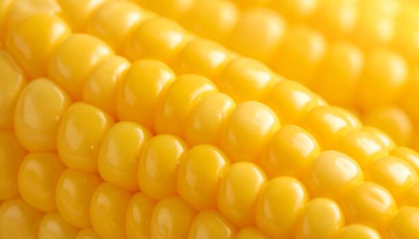 Macro close up of bright yellow sweet corn showing glossy kernels aligned in perfect rows highlighting freshness texture photo