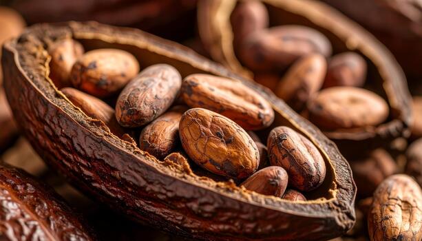 Detailed close up view of an open cacao pod showing raw fermented cocoa beans inside the dark husk with blurred background photo