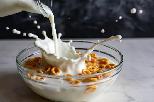 Milk splashing into a bowl of cereal, creating a dynamic and appetizing scene of a breakfast meal photo