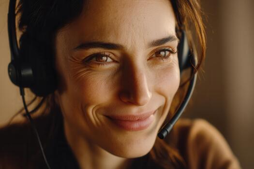 Smiling woman wearing headset working in customer service and online support communication photo