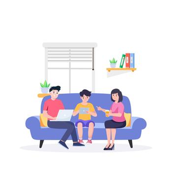 A happy family sits on a sofa, with the parents and children all using their own digital devices and being online connected to the internet in a flat design vector