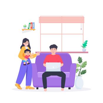 A happy family sits on a sofa, with the parents and children all using their own digital devices and being online connected to the internet vector