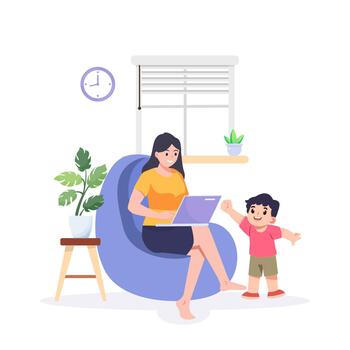 A happy family sits on a sofa, with the parents and children all using their own digital devices and being online connected to the internet in a flat illustration vector