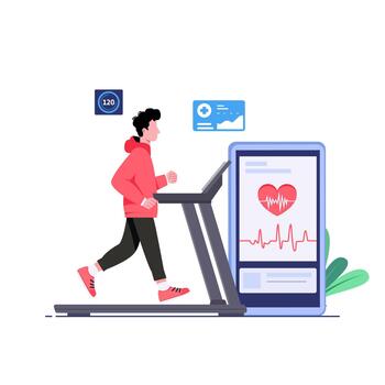 Man character running on a treadmill, Fitness tracker mobile app flat illustration template, Sports exercises, Monitoring heart rate in fitness app on a smartphone vector