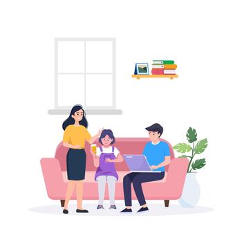 A happy family sits on a sofa, with the parents and children all using their own digital devices and being online connected to the internet in a flat vector
