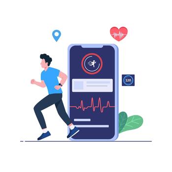 Man character running and doing workout, Fitness tracker mobile app flat illustration template, Monitoring heart rate in fitness app on a smartphone vector