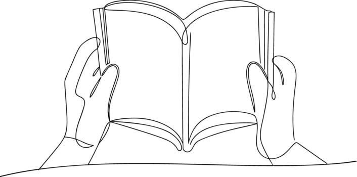 Hands holding open book continuous line drawing reading vector