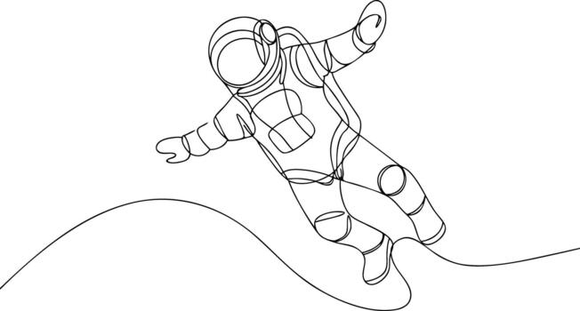 Astronaut floating in space one line drawing zero gravity vector