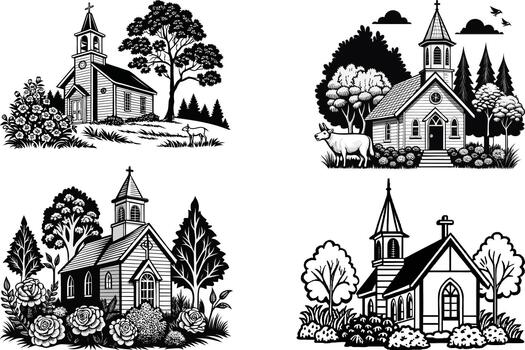 Four black and white illustrations of churches with trees and flowers building architecture vector