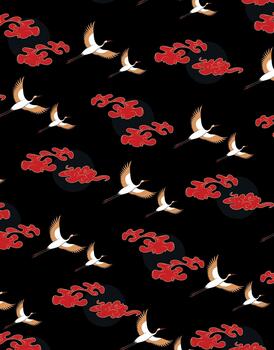 Japanese Crane Pattern with Red Clouds on Black vector