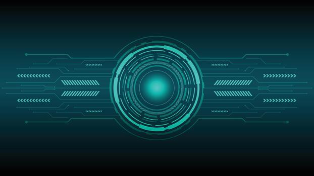 futurista tecnología antecedentes con brillante verde azulado circular interfaz, circuito líneas, y flechas, Perfecto para innovación, ai, digital datos, y moderno tecnología conceptos. vector