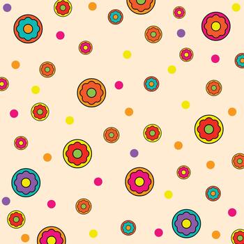 pattern with colorful donuts and dots on a light beige background vector