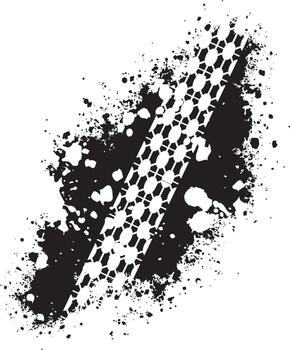 Grungy black tire track imprint with splatter and distressed textured effect on white background vector