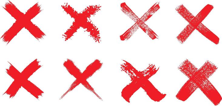 Eight red brush stroke x marks against a white background symbolizing incorrect answers or rejection vector