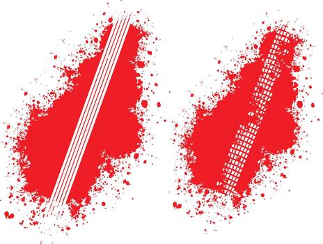Two abstract red paint splatters with white tire tracks and distressed textures on a white background vector