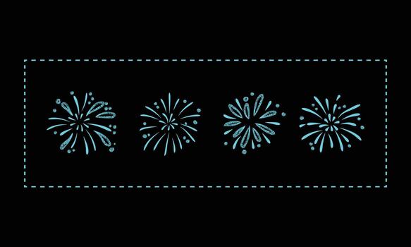 Four teal fireworks bursting in a row against a dark background with a decorative border vector