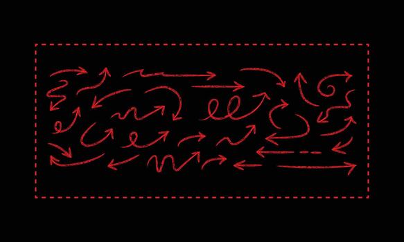 Collection of abstract glowing red arrows pointing in various directions on a dark background vector