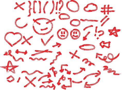 Collection of hand drawn red doodle symbols and icons arranged in a circular pattern vector