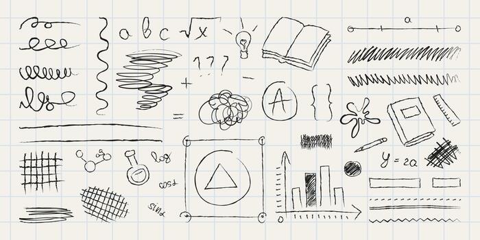 A collection of hand-drawn school doodles and education-themed sketches. This vector-style set includes books, formulas, rulers, light bulbs, lines, and scribbles drawn on a grid paper background. vector