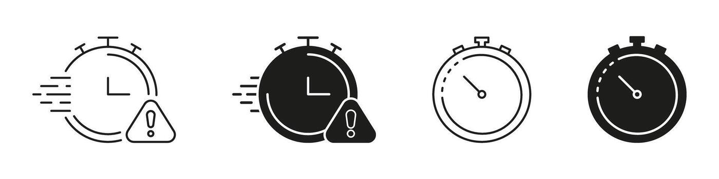 Stopwatch With Alert Icon Set. Time Management, Urgency, And Deadline Notification Outline And Silhouette Symbol Collection. Efficiency And Productivity. Isolated Illustration vector