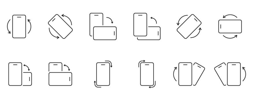 Mobile Phone Rotation Line Icon Set. Smartphone Orientation Change With Arrows Line Drawing Outline Symbol Collection. Editable Stroke. Isolated Illustration vector