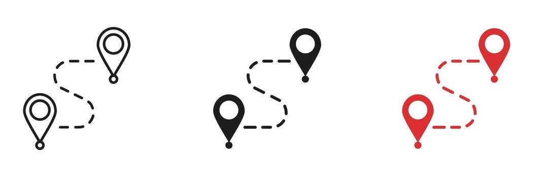 Map Route with Anchored Pin Markers Line and Solid Icon Set. Geolocation Destination with Pointed Tracker Symbol Collection. Isolated Illustration vector