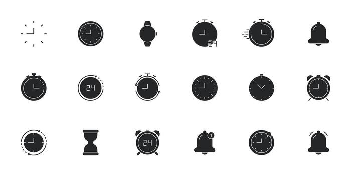 Clock And Timer Icon Set. Time Management, Alarm, And Stopwatch Silhouette Symbol Collection. Various Clock Designs For Scheduling And Reminders. Isolated Illustration vector