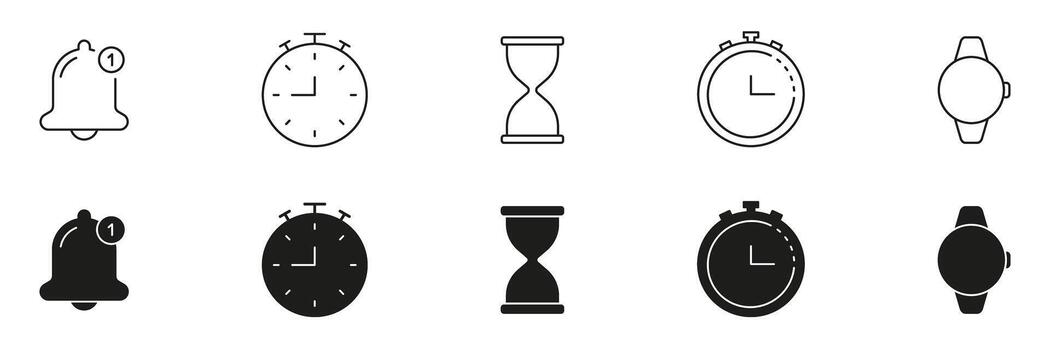 Notification Bell, Stopwatch, Hourglass, And Smartwatch Icon Set. Time Management, Alerts, And Digital Tracking Outline And Silhouette Icon. Efficient Scheduling Tools. Isolated Illustration vector