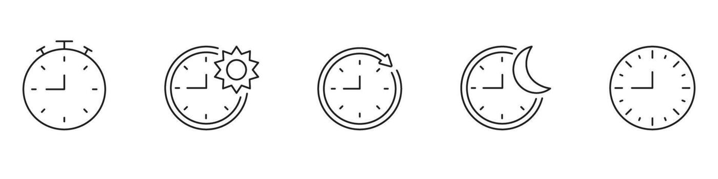 Clock And Time Management Line Icon Set. Stopwatch, Day And Night Cycle, And Time Tracking Outline Symbol Collection. Time Management And Scheduling. Editable Stroke. Isolated Illustration vector