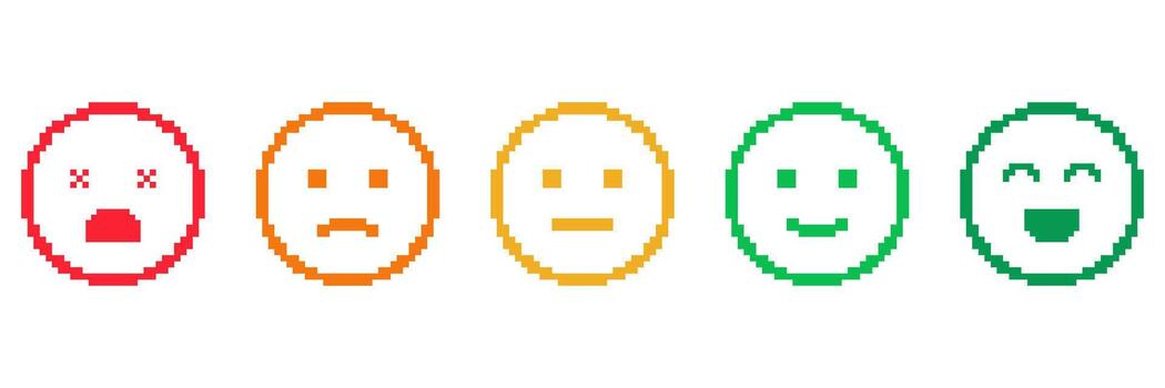 Pixel Art Emoticon Set. Emotional Expression And Mood Indicator Icons. Feedback And Sentiment Analysis Symbols. Isolated Illustration vector