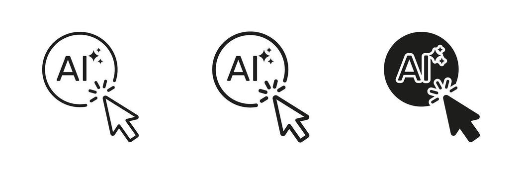Ai Click Interaction Icon Set. Artificial Intelligence Activation And User Engagement Outline And Silhouette Symbol Collection. Digital Technology And Innovation. Isolated Illustration vector