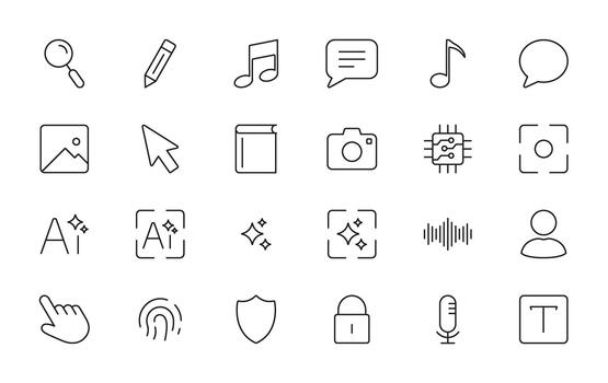 comunicación icono colocar. digital medios de comunicación, seguridad, y usuario interfaz contorno y silueta símbolo recopilación. tecnología y Interacción elementos. aislado ilustración vector