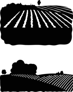 Two silhouette farm fields with trees isolated on white background vector
