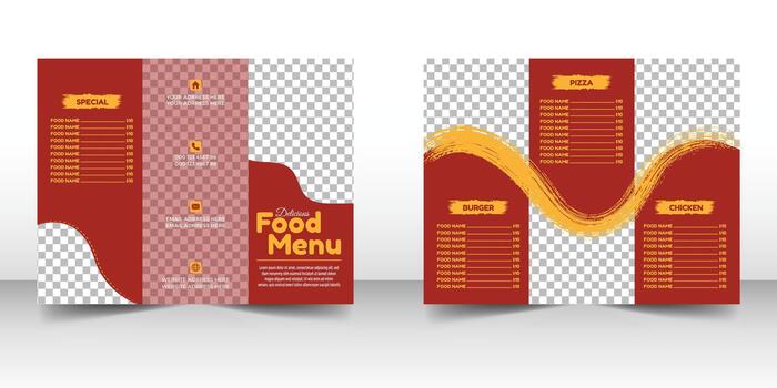 A visually appealing restaurant menu template featuring a red background grid patterns and a dynamic yellow sauce or food element. vector