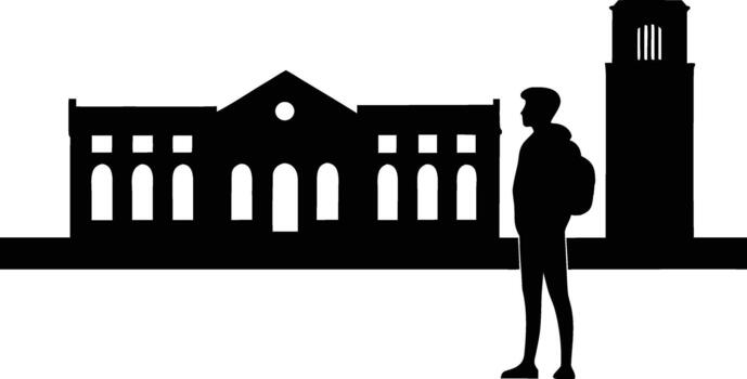 Silhouette of a student standing in front of a university building and clock tower isolated on white background vector