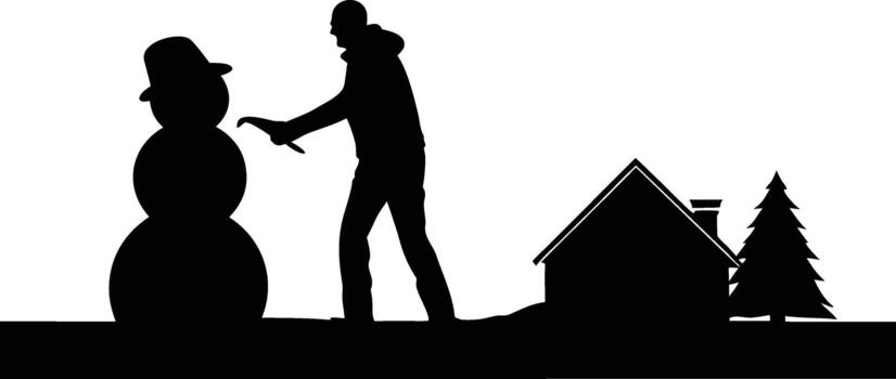 Silhouette of a person building a snowman with a house and tree isolated on white background vector