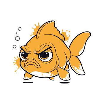 Grumpy cartoon goldfish with an angry expression and floating bubbles in a light setting vector